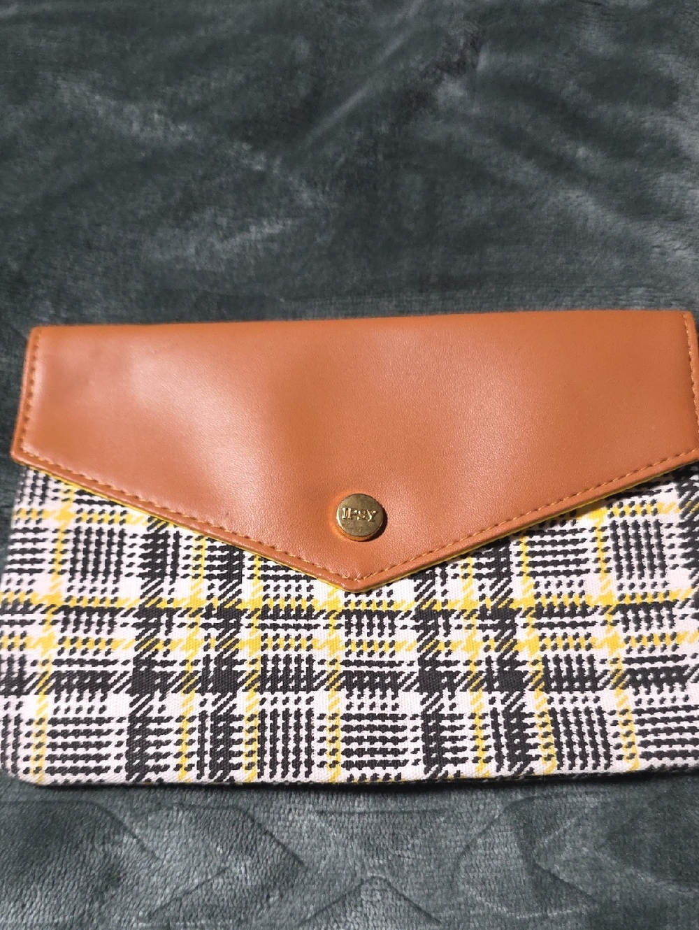 ipsy Plaid Clutch with Tan Leather Trim and Yellow Accents